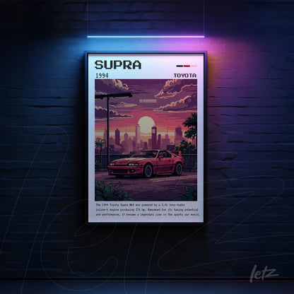 framed retro art of the 1994 Toyota Supra against an urban backdrop with a sunset