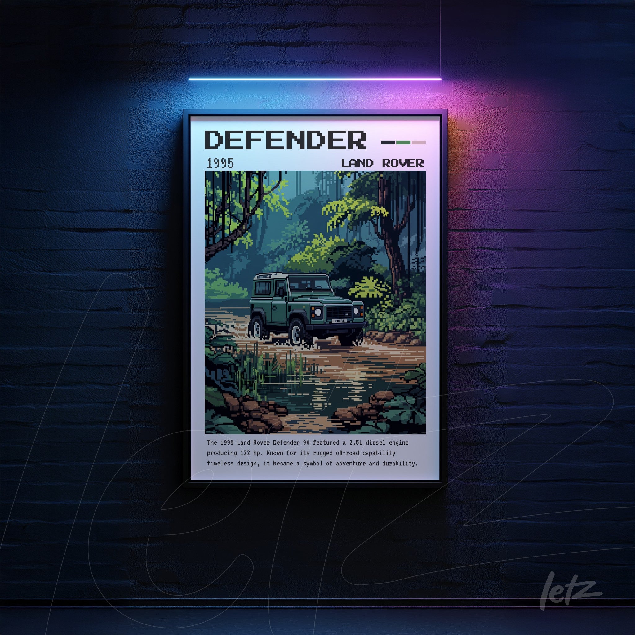 pixel art framed wall art of 1995 Land Rover Defender with dark frame and lush greenery background