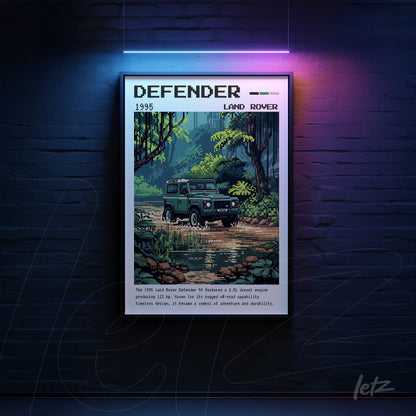 pixel art framed wall art of 1995 Land Rover Defender with dark frame and lush greenery background