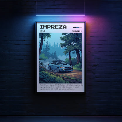 pixel art framed wall art of 1997 Subaru Impreza with black frame hanging on brick wall