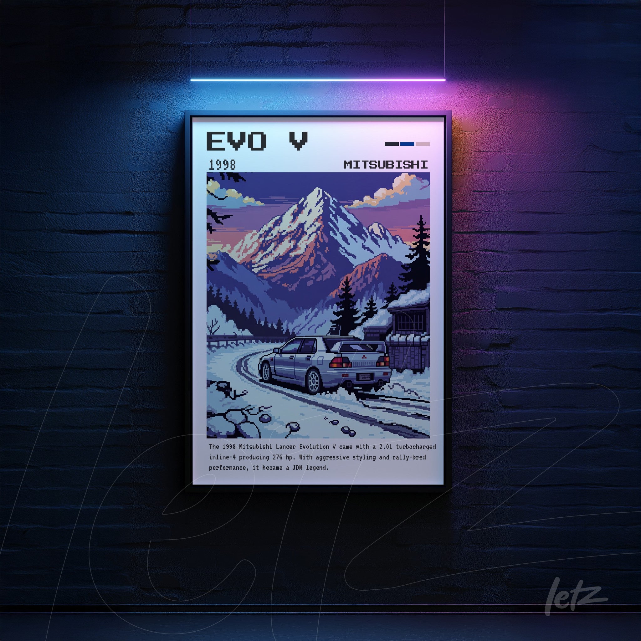 framed retro style digital art of Mitsubishi Evo V 1998 depicting a sports car in a mountainous landscape