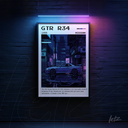 framed artwork featuring the 1999 Nissan GTR R34 in a futuristic urban night scene with neon lights