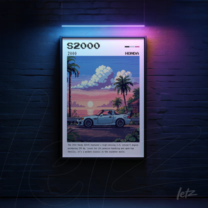 retro style digital art of the Honda S2000 car in a tropical sunset scene