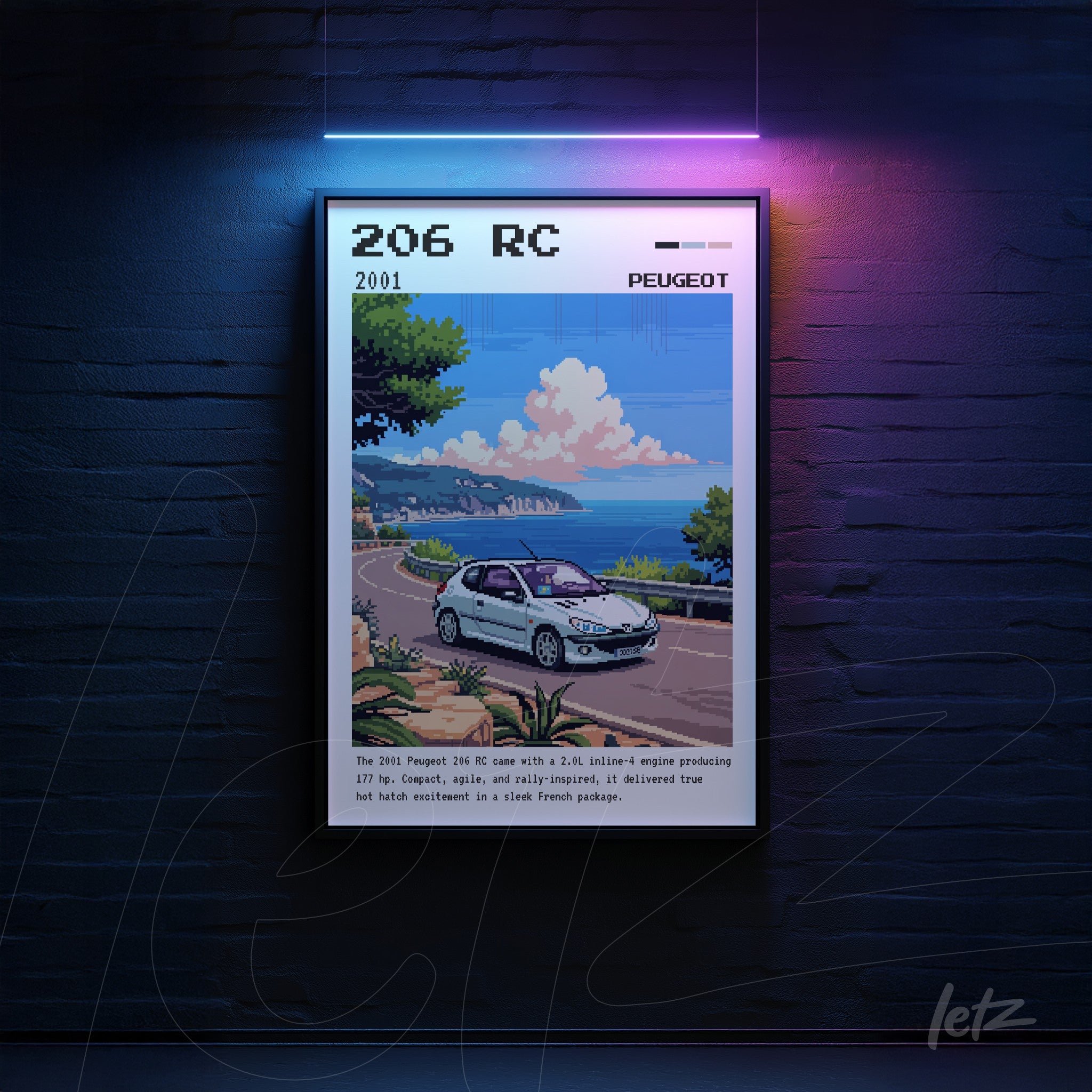 pixel art framed print of a Peugeot 206 RC on a coastal road with a dark blue background