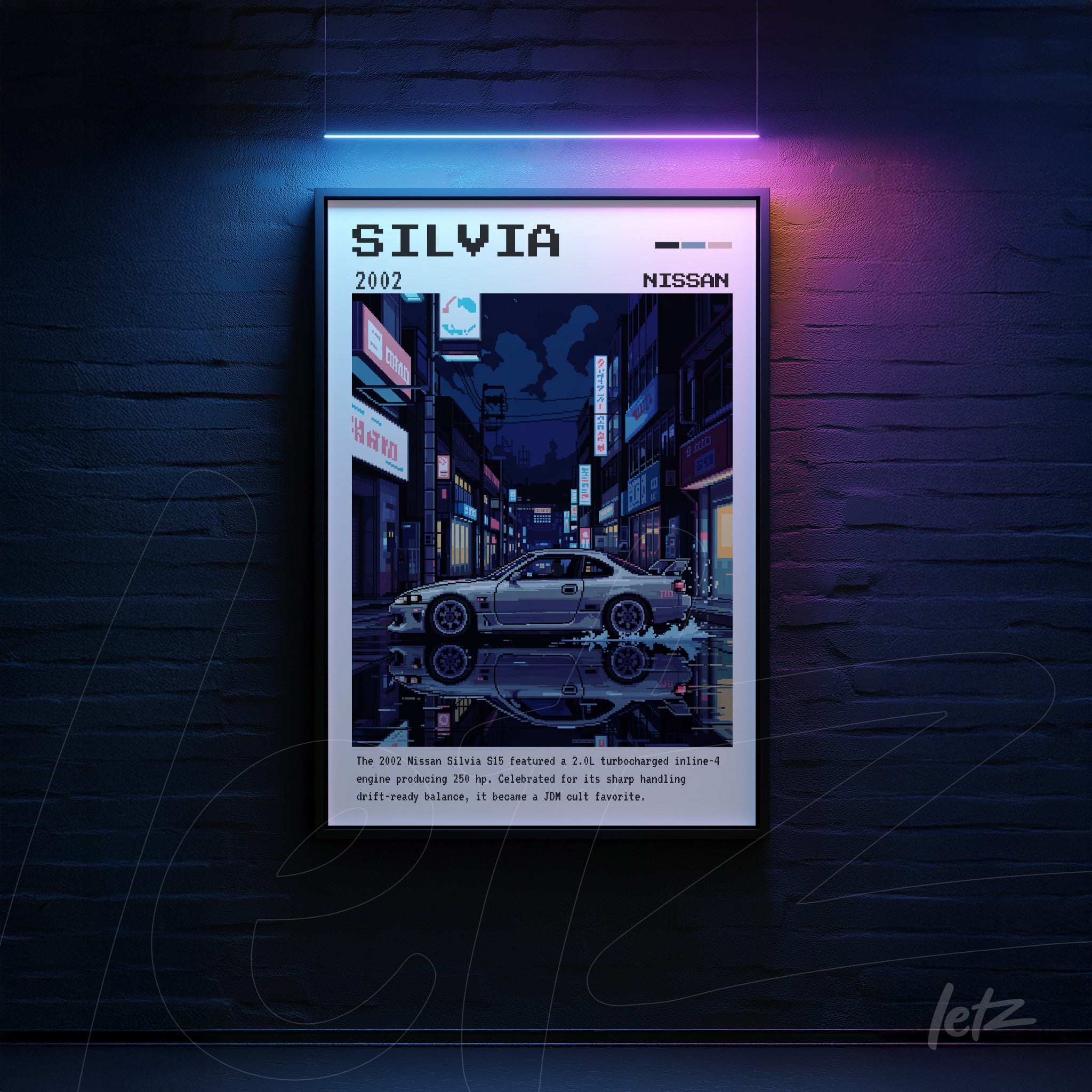 retro style digital art of a Nissan Silvia car in a nighttime urban setting with neon lighting