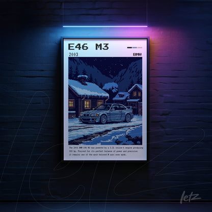 framed digital art of a BMW M3 E46 in front of wooden houses covered in snow with neon lights