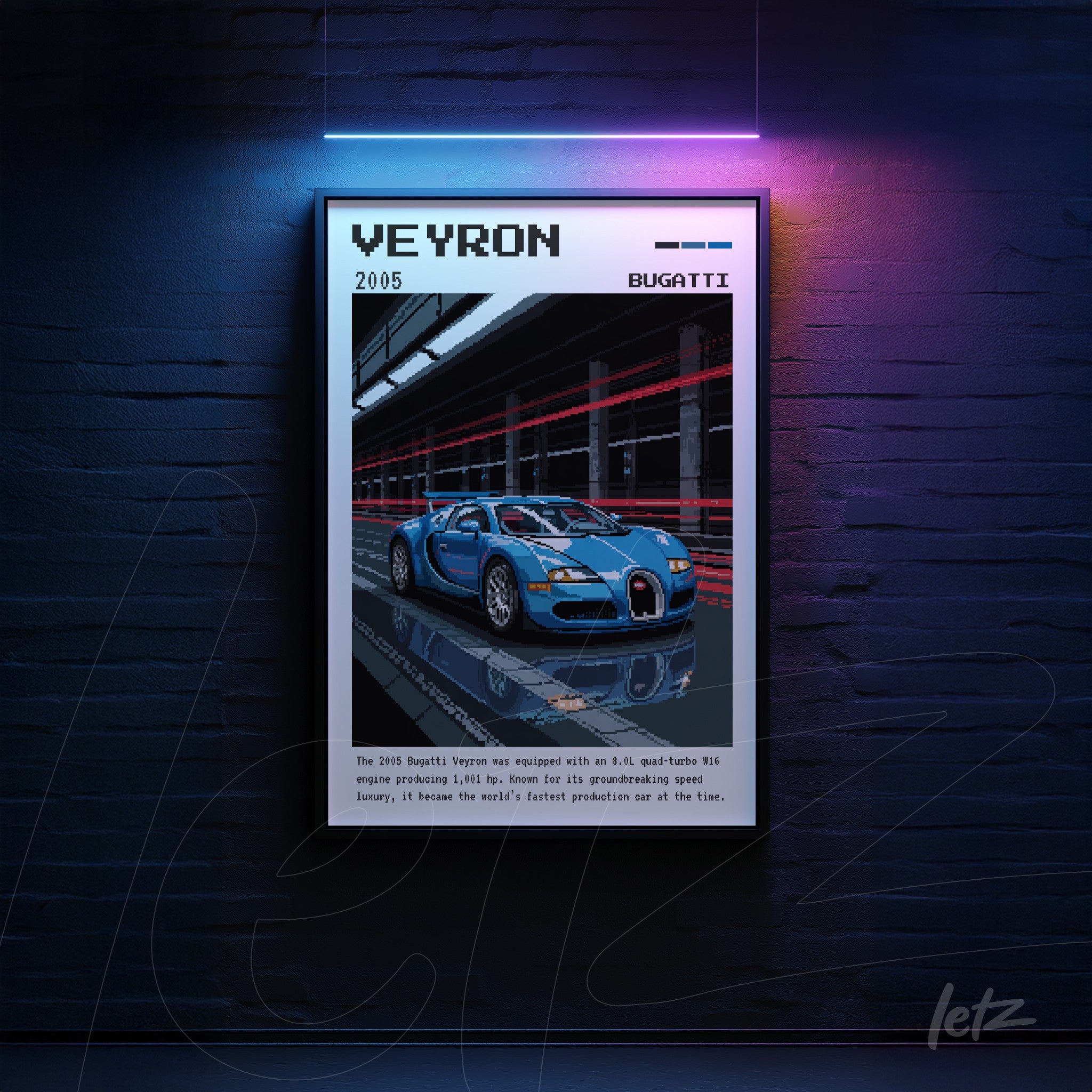 framed digital art of the Bugatti Veyron with a black frame against a dark background