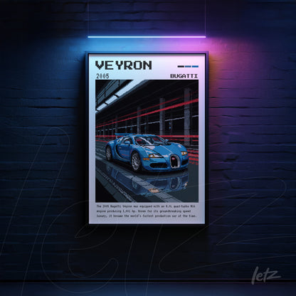 framed digital art of the Bugatti Veyron with a black frame against a dark background
