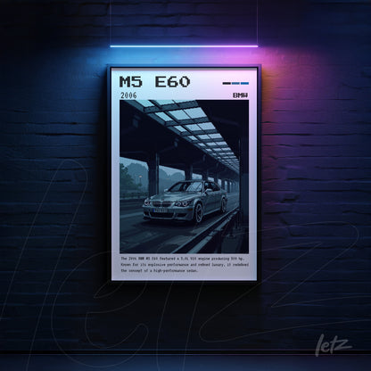 retro style framed artwork of the 2006 BMW M5 E60 featuring a black frame