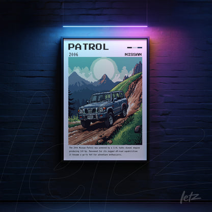 framed retro artwork of the 2006 Nissan Patrol in a mountain landscape