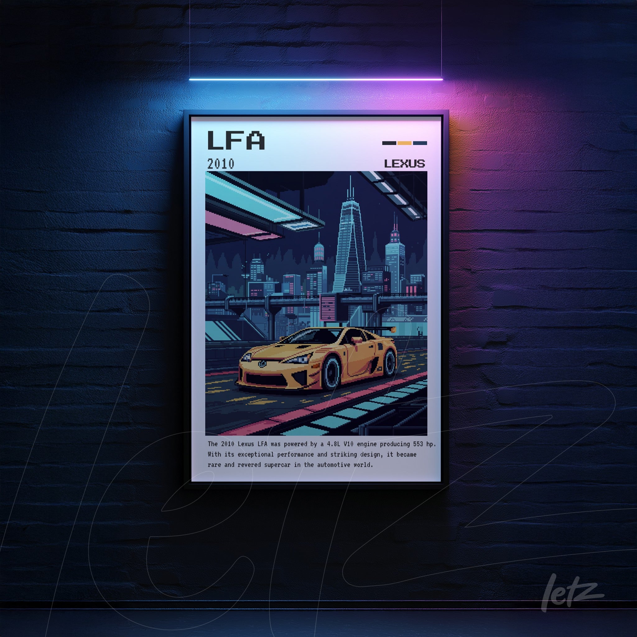 framed wall art featuring a digital illustration of a Lexus LFA car in a nighttime urban setting with neon lighting