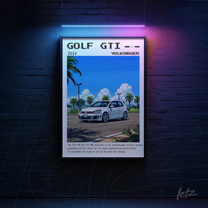 pixel art wall art of 2010 Volkswagen Golf GTI in black frame with dark background