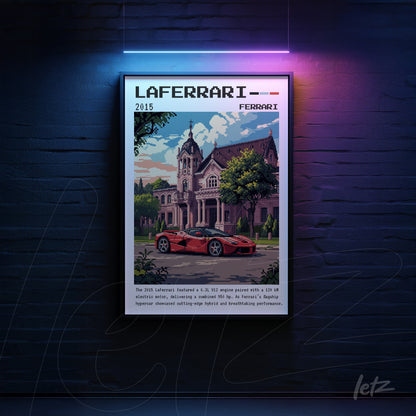framed digital art of LaFerrari sports car in retro style with black frame and neon accents