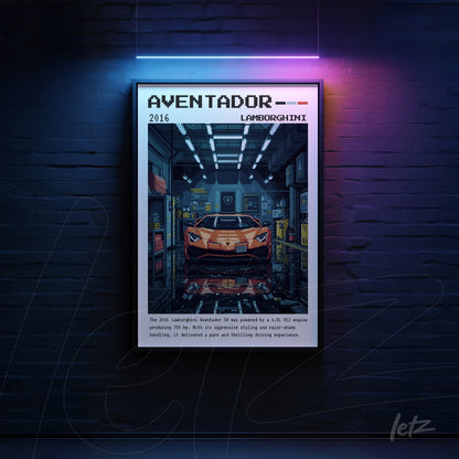 framed digital art of Lamborghini Aventador in retro style displayed on a brick wall