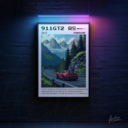 framed digital illustration of Porsche 911 GT2 RS in retro style with mountains in the background