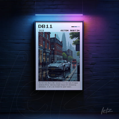 framed digital artwork of Aston Martin DB11 in a rainy street with Victorian buildings in the background