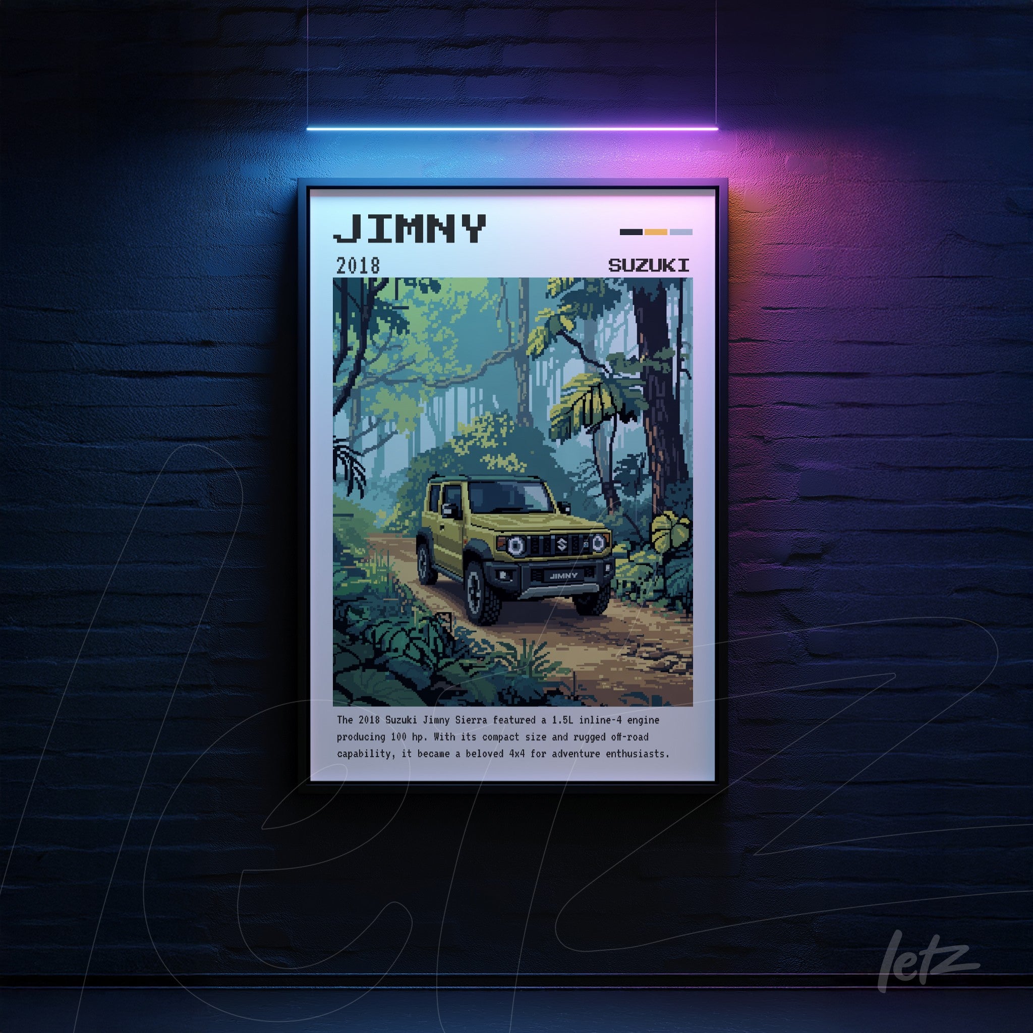 framed digital art of the 2018 Suzuki Jimny in retro style displayed on a dark brick wall