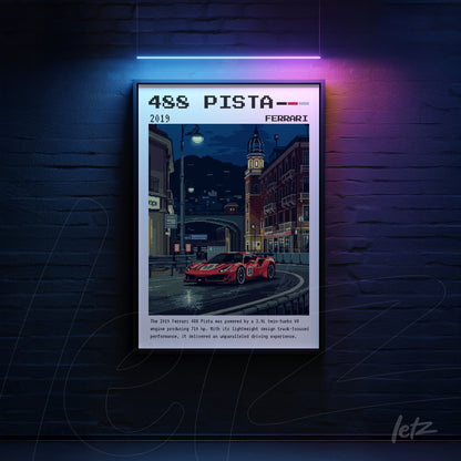framed retro style art of Ferrari 488 Pista in a night urban setting with black frame