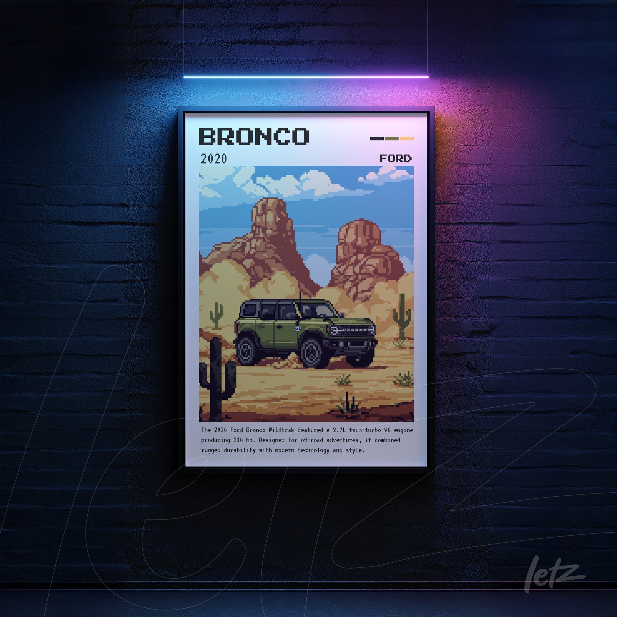 framed pixel art of a Ford Bronco vehicle in a mountainous desert setting featuring vibrant colors and details of vegetation