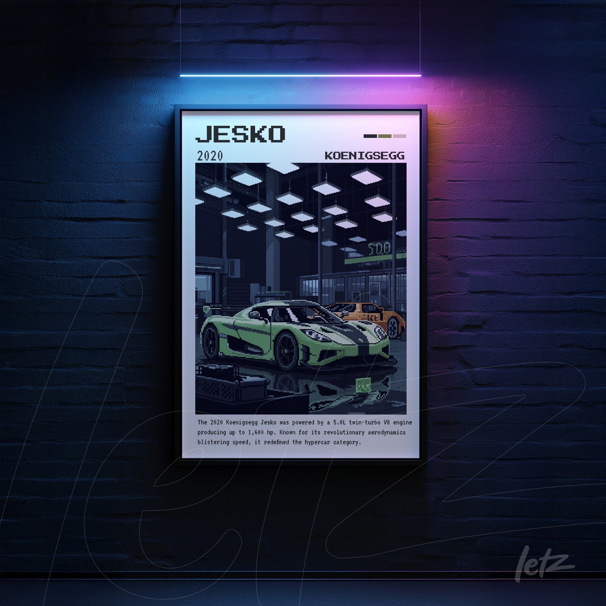 digital wall art of the Koenigsegg Jesko in pixel art style with black frame and dark background