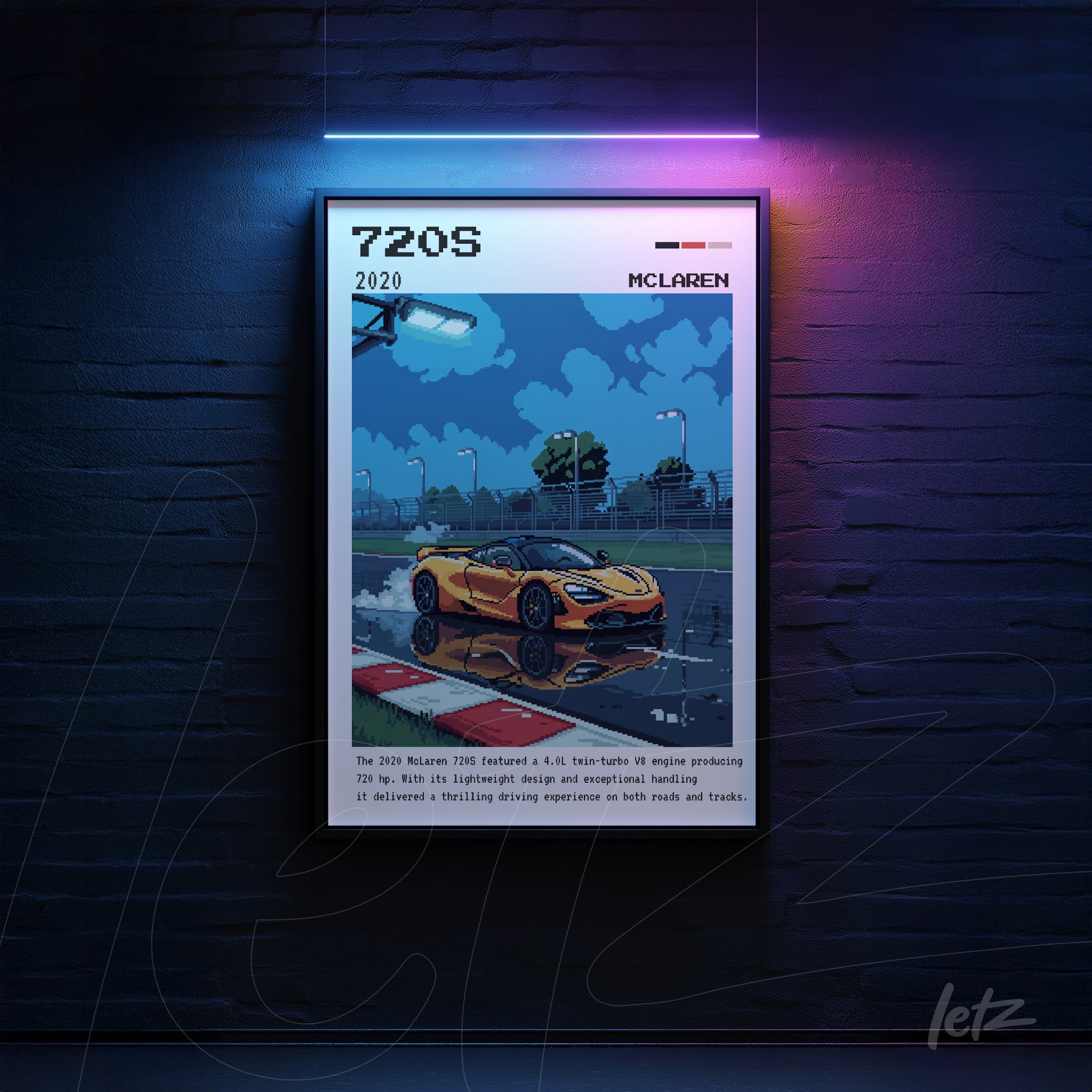 pixel art framed wall decor of McLaren 720S with black frame, featuring a dark background and neon lighting