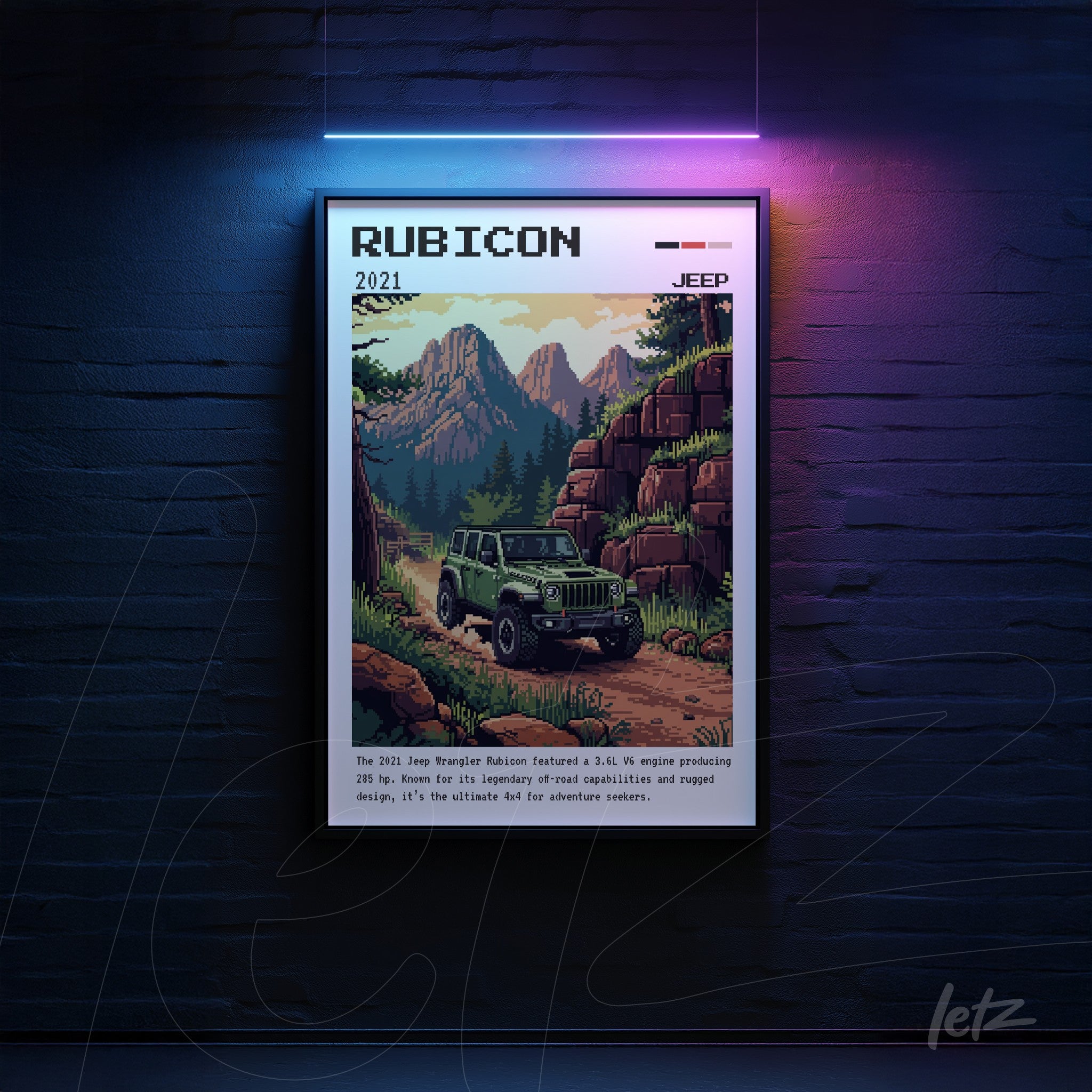 framed wall art featuring a retro illustration of a jeep rubicon in a mountainous scene with dark background and colorful lighting