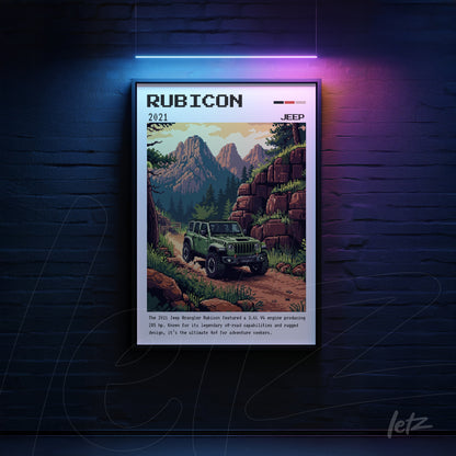 framed wall art featuring a retro illustration of a jeep rubicon in a mountainous scene with dark background and colorful lighting