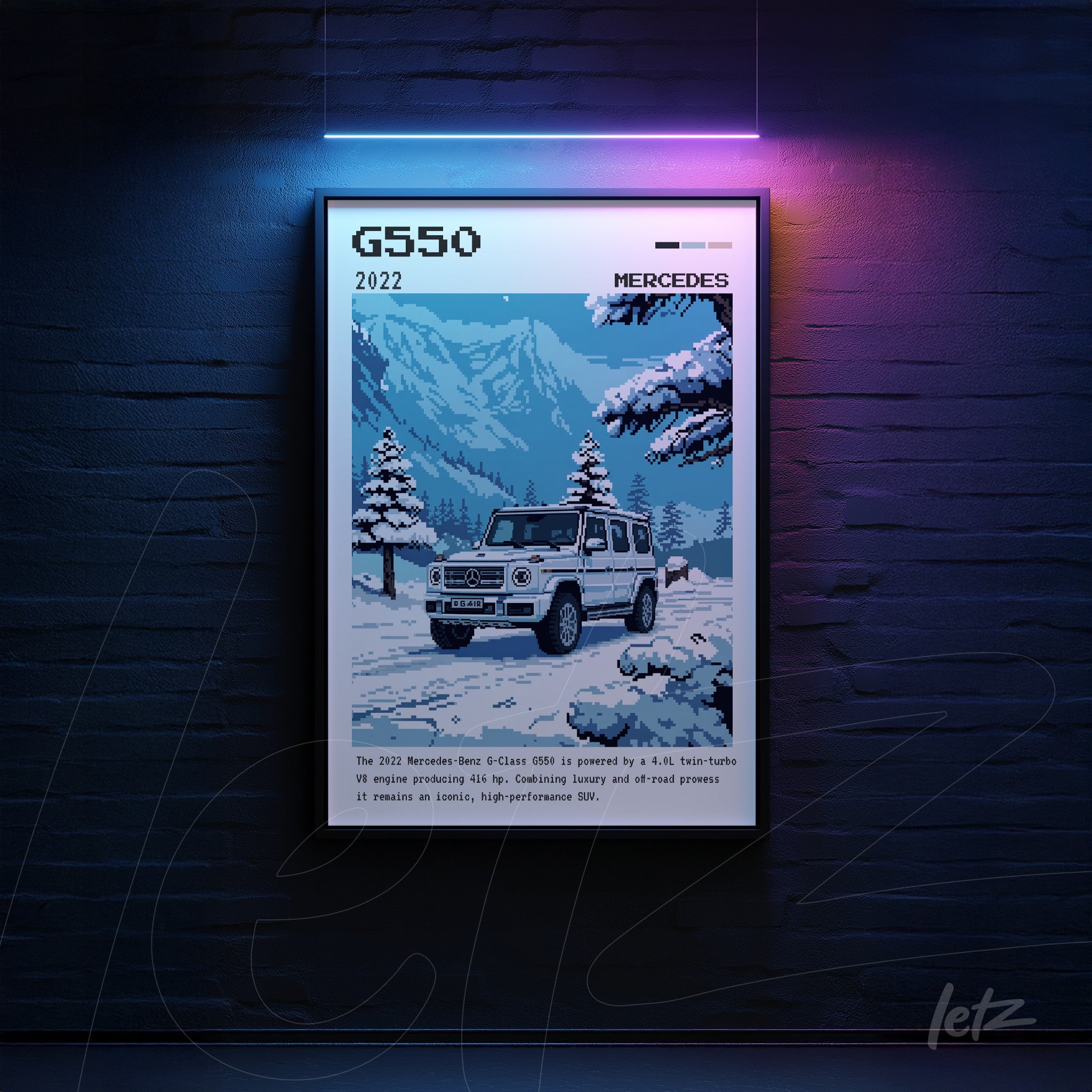 digital art print of the G550 model by Mercedes-Benz in pixel art style with a mountainous background