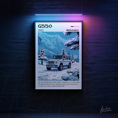 digital art print of the G550 model by Mercedes-Benz in pixel art style with a mountainous background