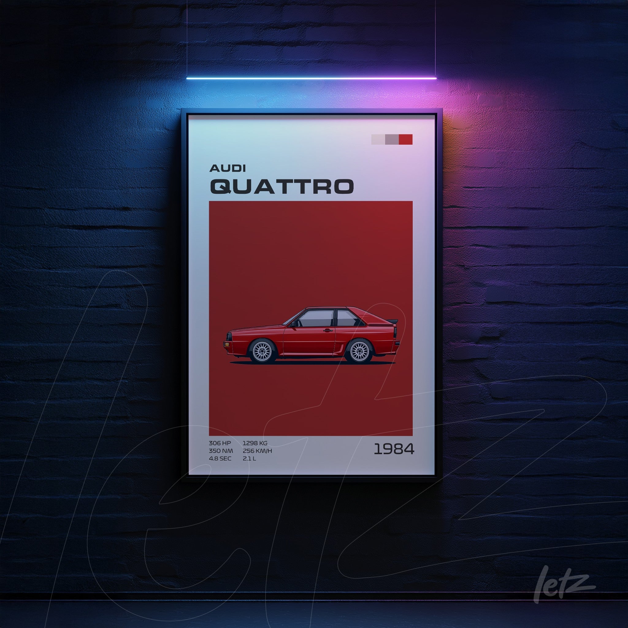 framed graphic art of the Audi Quattro car displayed against a red background, showcasing model details alongside