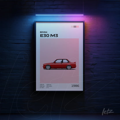 framed wall art featuring digital illustration of BMW E30 M3 with a pink background