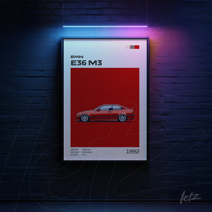 framed artwork featuring illustration of BMW E36 M3 on vibrant red background