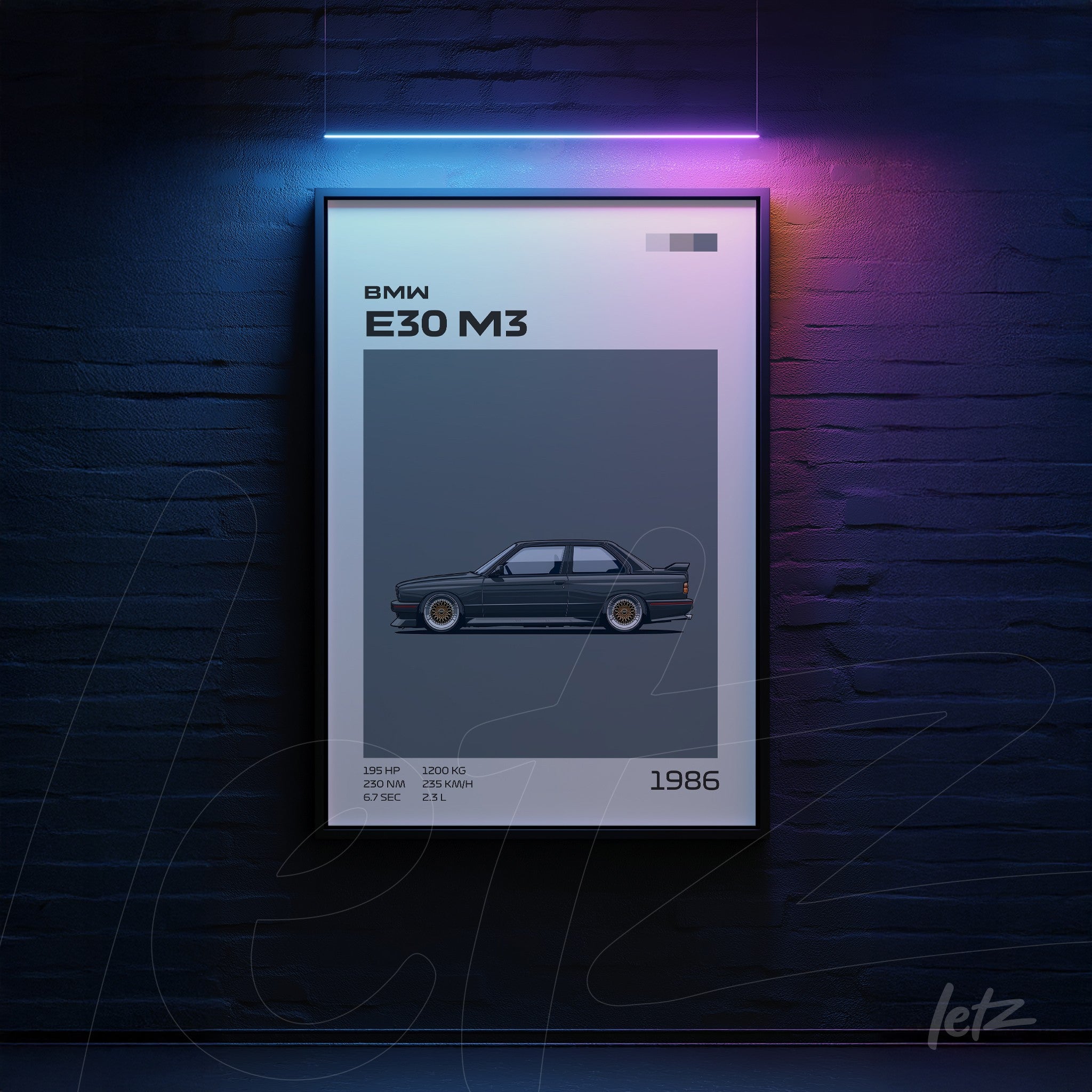 framed artwork of a BMW E30 M3 in black frame against a dark background