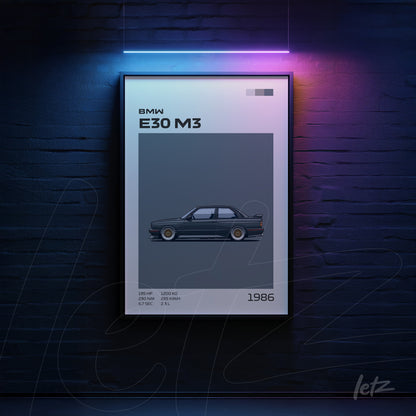 framed artwork of a BMW E30 M3 in black frame against a dark background