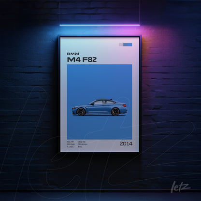 framed digital art of a blue BMW M4 F82 with light blue background