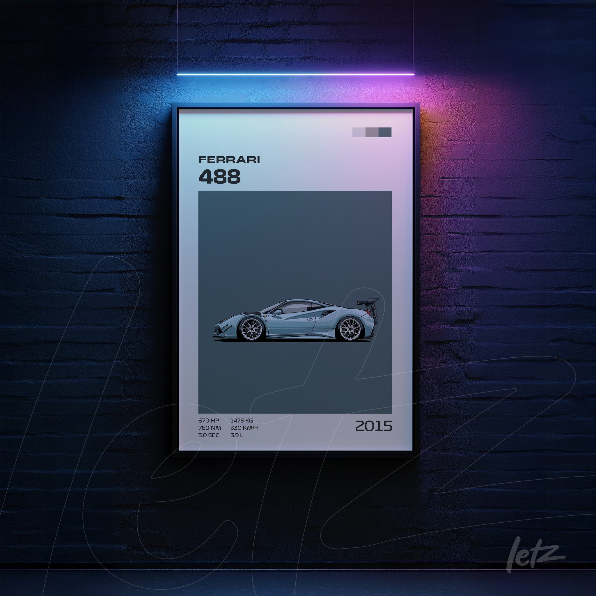 sleek framed art of ferrari 488 with a minimalist dark blue background