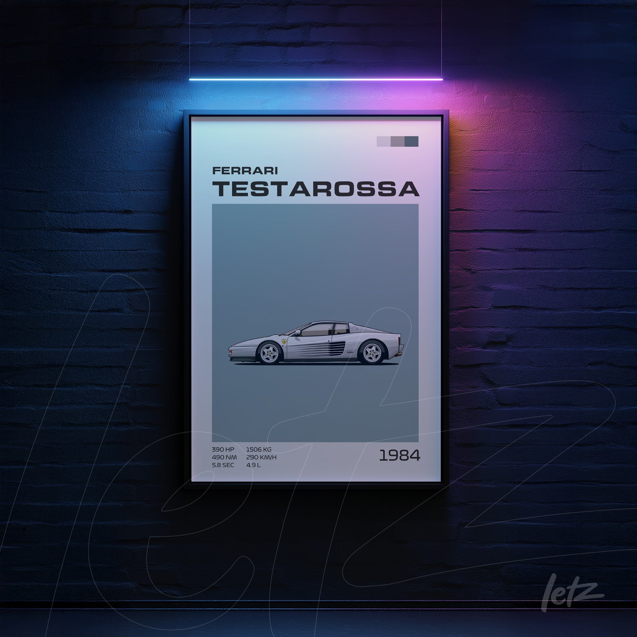 framed wall art featuring an illustrative digital design of a Ferrari Testarossa in a black frame
