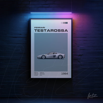 framed wall art featuring an illustrative digital design of a Ferrari Testarossa in a black frame