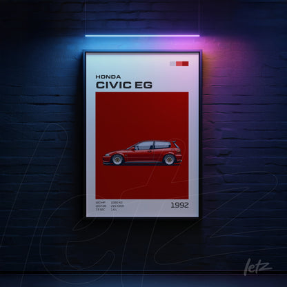 framed graphic art of Honda Civic EG on red background with sleek frame