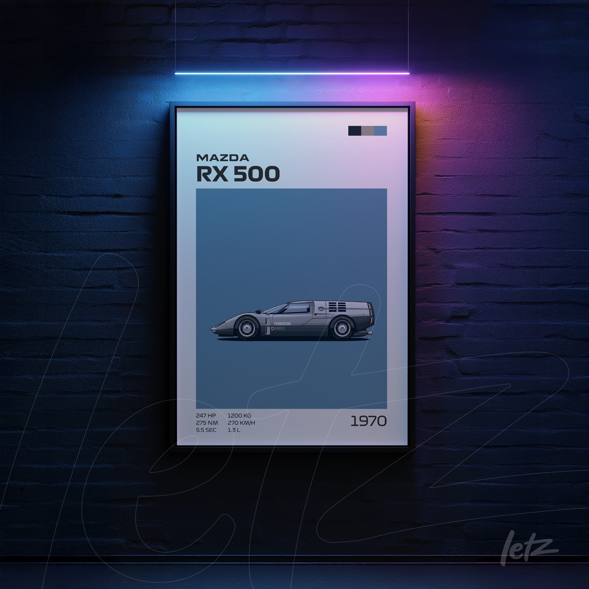 digital artwork of Mazda RX 500 sports car in black frame with light blue background