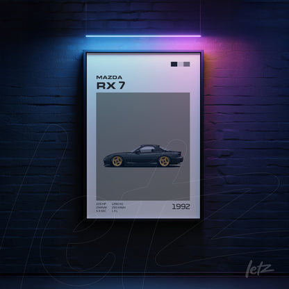 framed wall art of Mazda RX 7 car in black frame with light gray background
