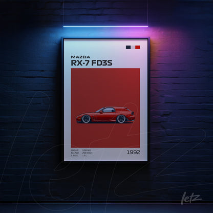 framed wall art featuring a mazda rx-7 fd3s in red on a solid red background with black and white graphic details