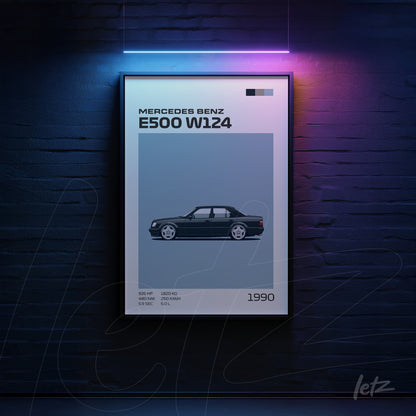 framed wall art featuring digital illustration of Mercedes Benz E500 W124 in black frame against dark blue background