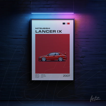 framed graphic art of Mitsubishi Lancer IX in red background with black frame