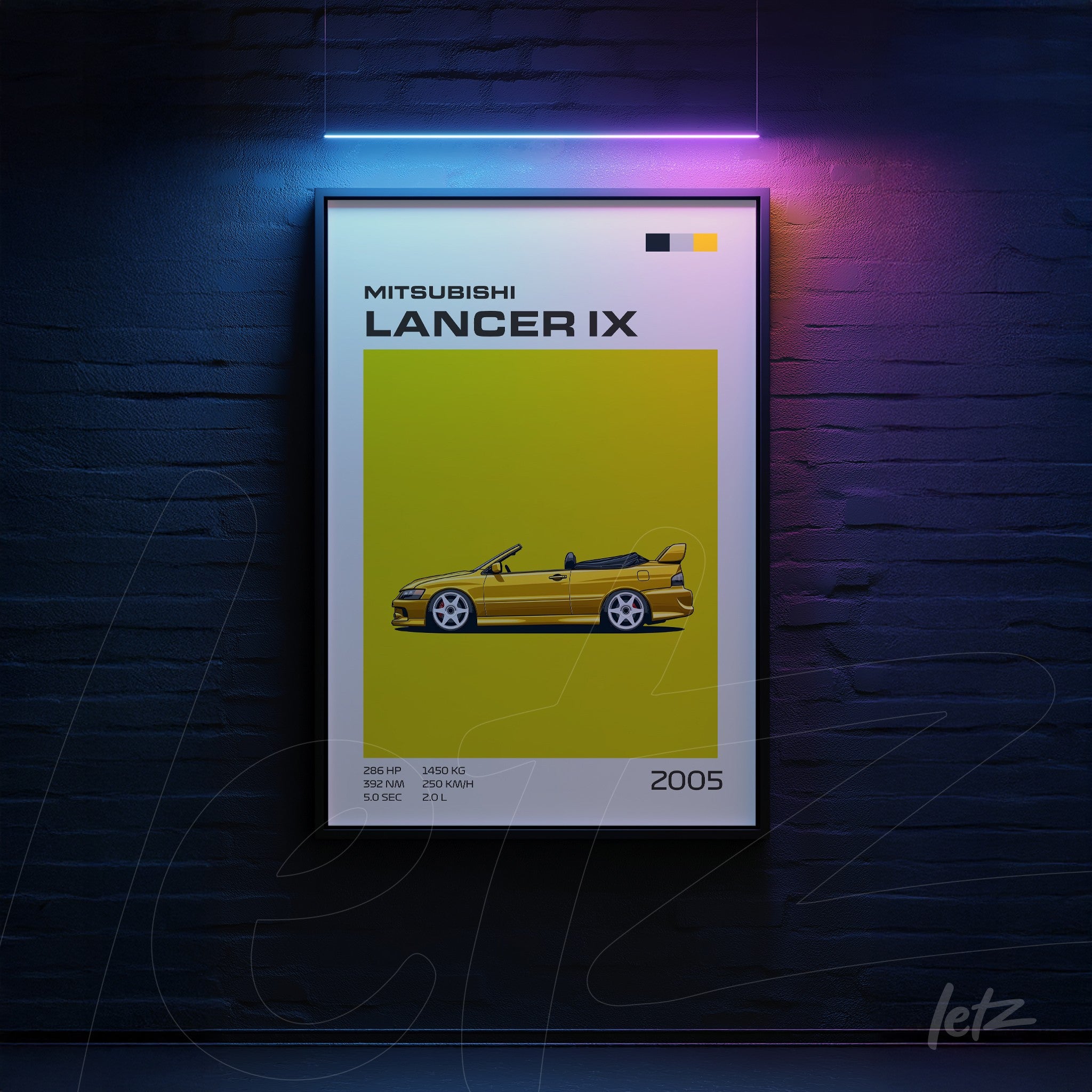 framed digital art of a Mitsubishi Lancer IX car against a vibrant yellow background with black frame