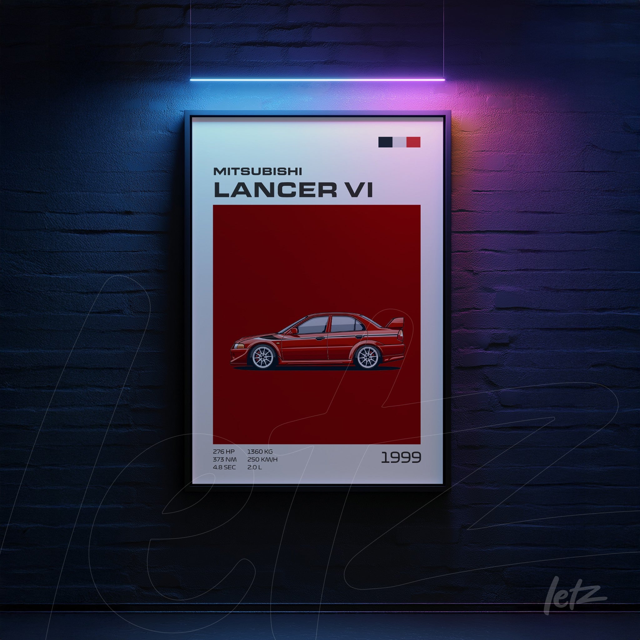 framed artwork featuring a minimalist illustration of Mitsubishi Lancer VI on a red background with black frame