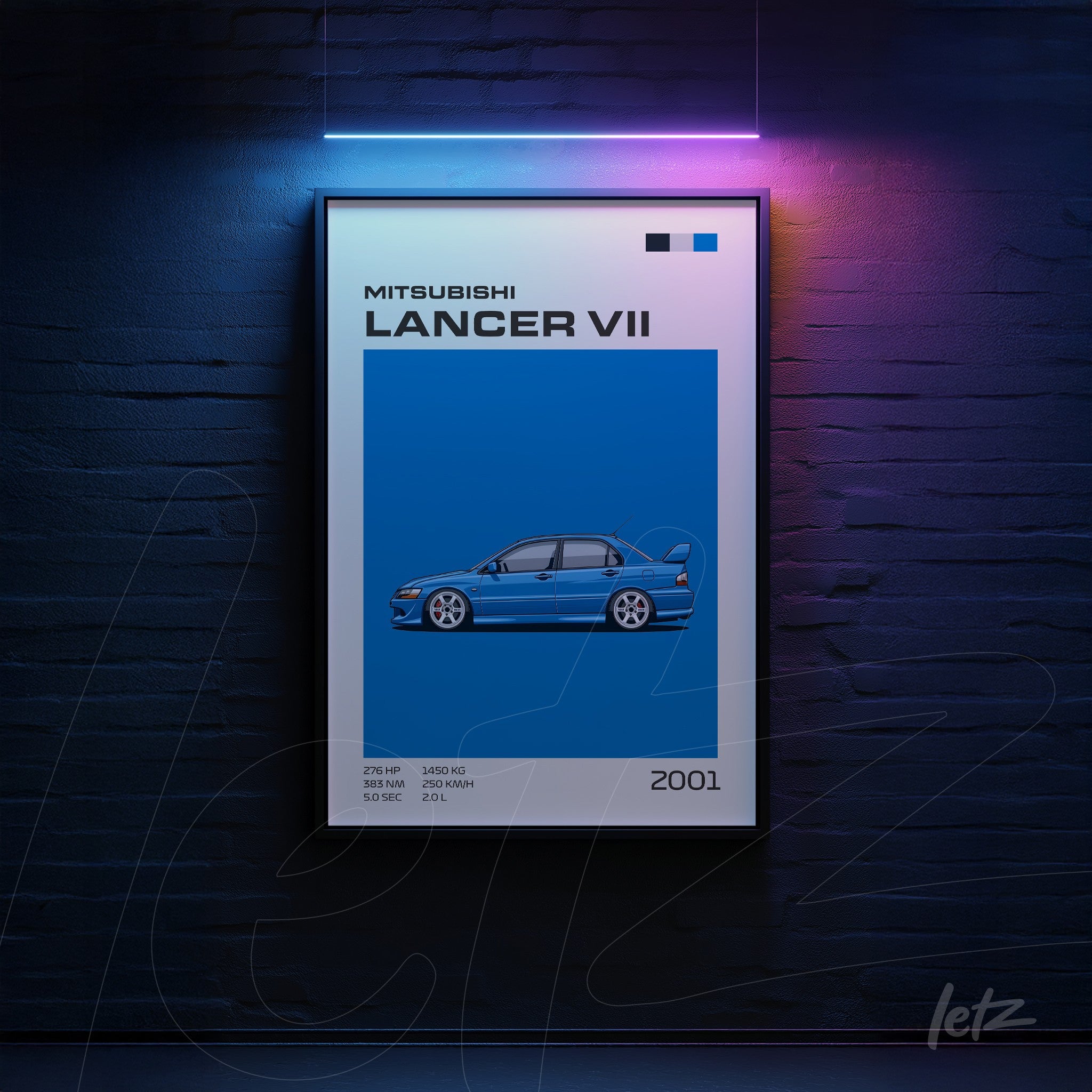 framed artwork featuring a blue illustration of Mitsubishi Lancer VII with a black frame, solid blue background, and model specifications highlighted