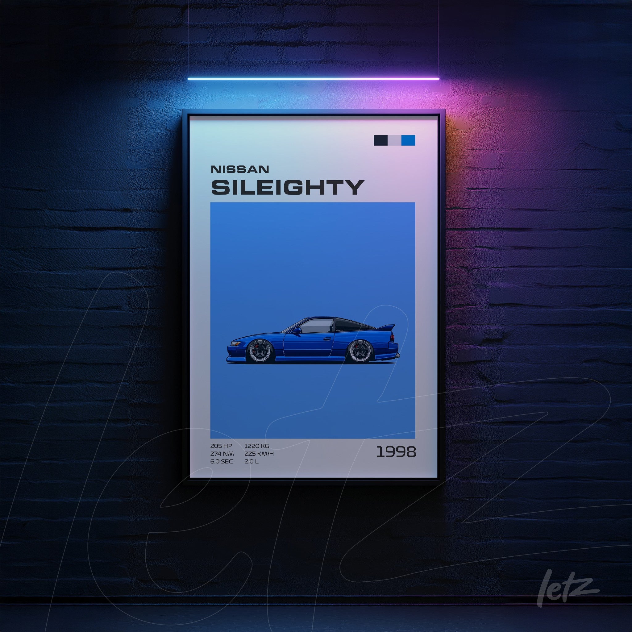 framed wall art featuring a minimalist illustration of a Nissan Sil80 car in black frame
