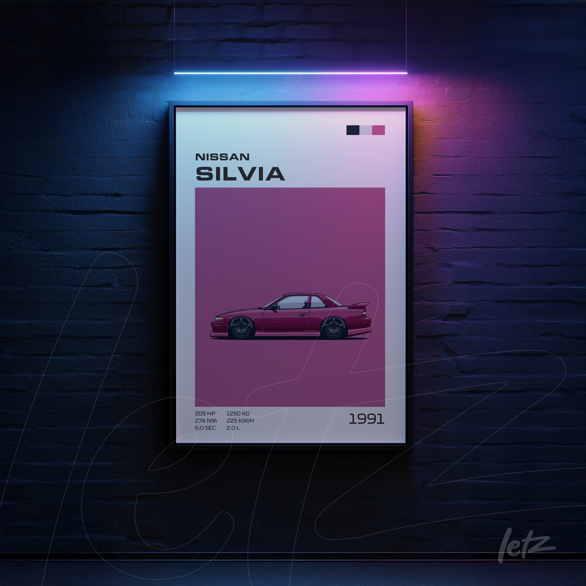 framed artwork of Nissan Silvia car in pink background with black frame