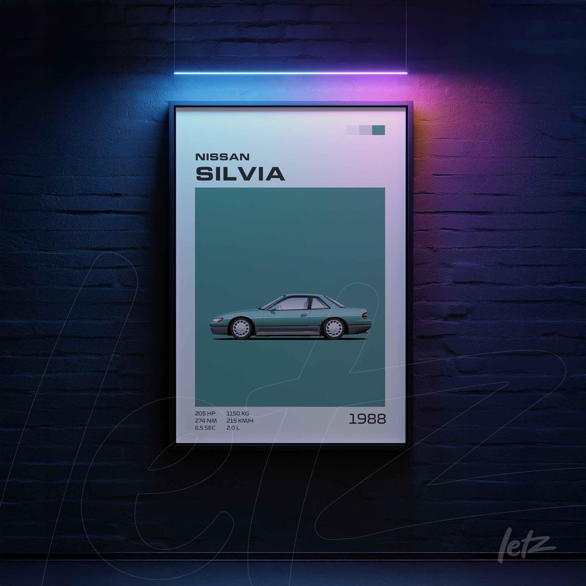 framed wall art featuring digital illustration of Nissan Silvia on teal background, highlighting technical details and year 1988